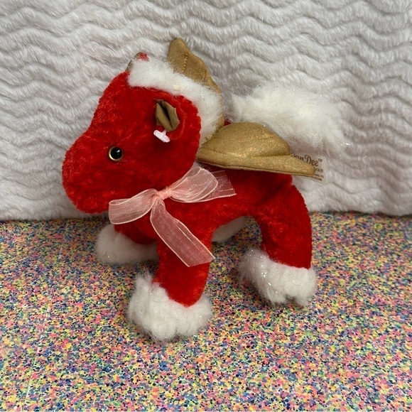 8" Dan Dee Red Pegasus Flying Horse Gold Wings Holographic Accents Heart Bow - Picture 1 of 12